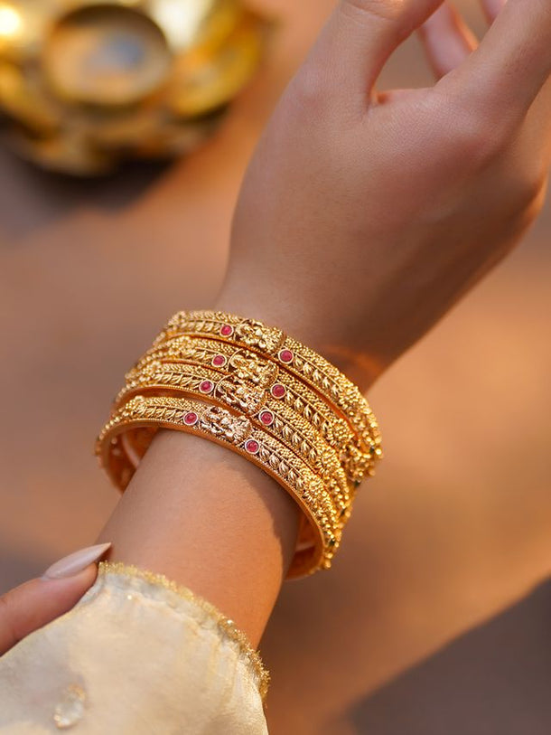 Rubans Set of 4 Gold Plated Floral Design Laxmi motif Bangles