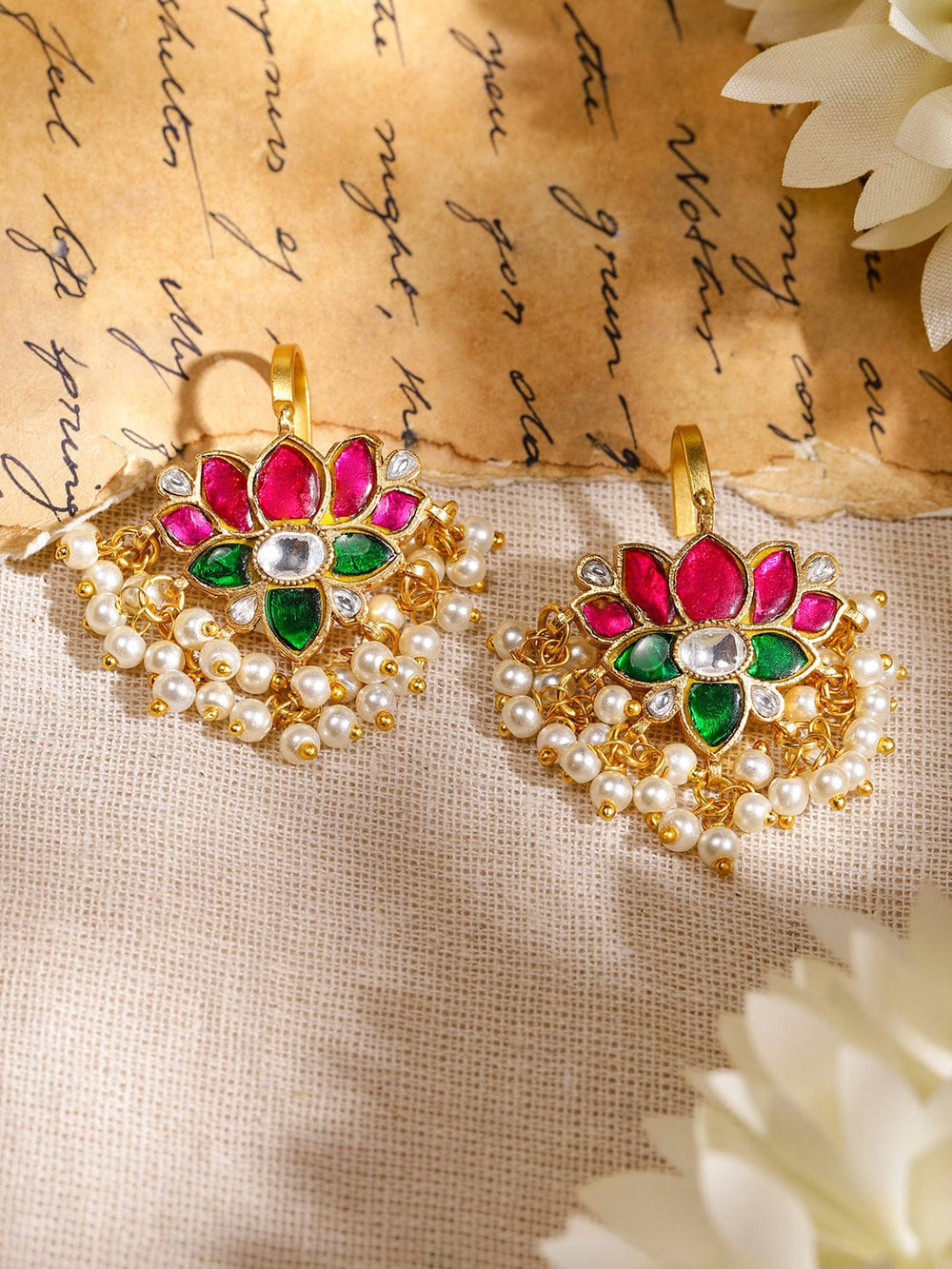 Handcrafted Lotus Pearl Ear Cuff Earrings