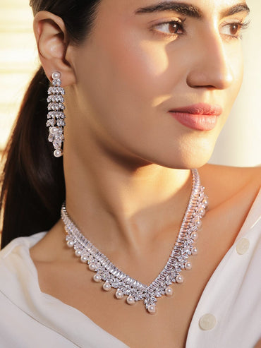 Line Baguette Zirconia Pearl Necklace Set Jewellery Set