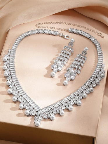 Line Baguette Zirconia Pearl Necklace Set Jewellery Set