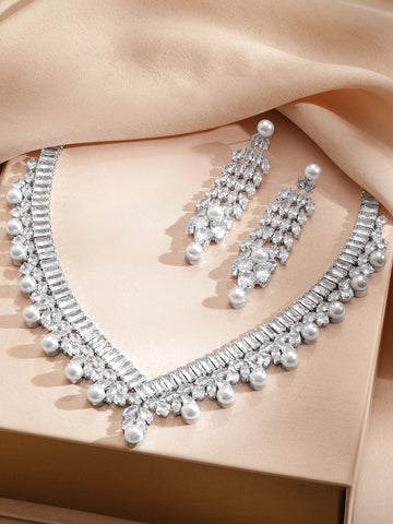 Line Baguette Zirconia Pearl Necklace Set Jewellery Set