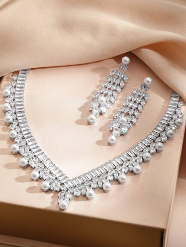 Line Baguette Zirconia Pearl Necklace Set Jewellery Set