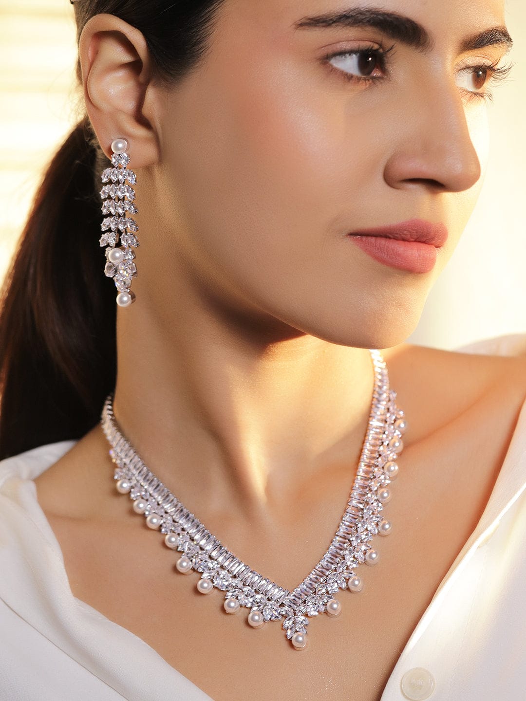 Line Baguette Zirconia Pearl Necklace Set Jewellery Set