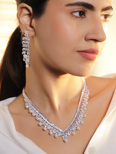 Line Baguette Zirconia Pearl Necklace Set Jewellery Set