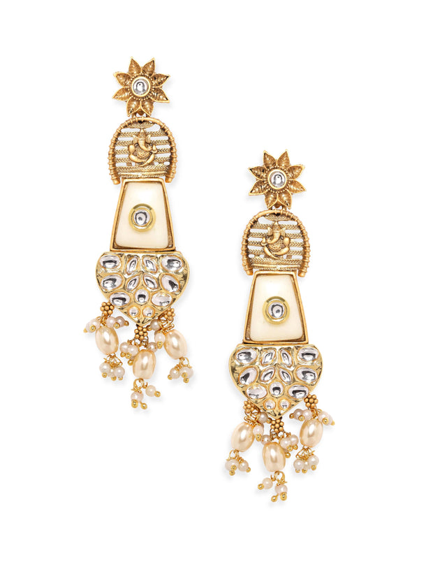 Lord Ganesh Chandelier Earrings with White Stones and Beads Hanging Earrings
