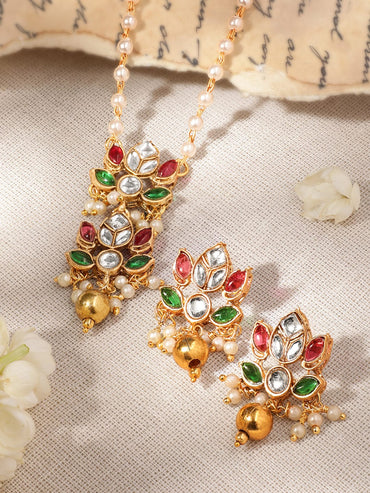 Lotus Elegance Pearl Beaded Choker with Kemp Stone Lotus Motif Jewelry Set Jewellery Sets