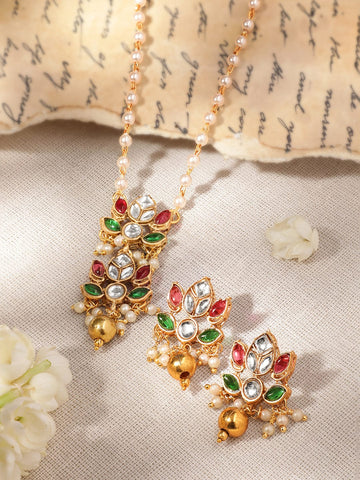 Lotus Elegance Pearl Beaded Choker with Kemp Stone Lotus Motif Jewelry Set Jewellery Sets