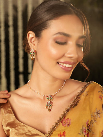 Lotus Elegance Pearl Beaded Choker with Kemp Stone Lotus Motif Jewelry Set Jewellery Sets