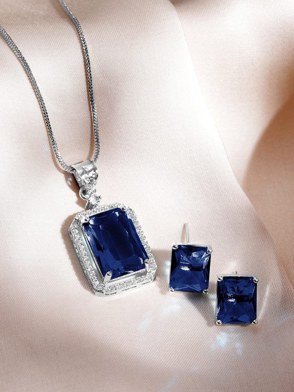 Luxurious Rhodium-Plated Blue Sapphire & CZ Studded Pendant Necklace Set Necklaces, Necklace Sets, Chains & Mangalsutra