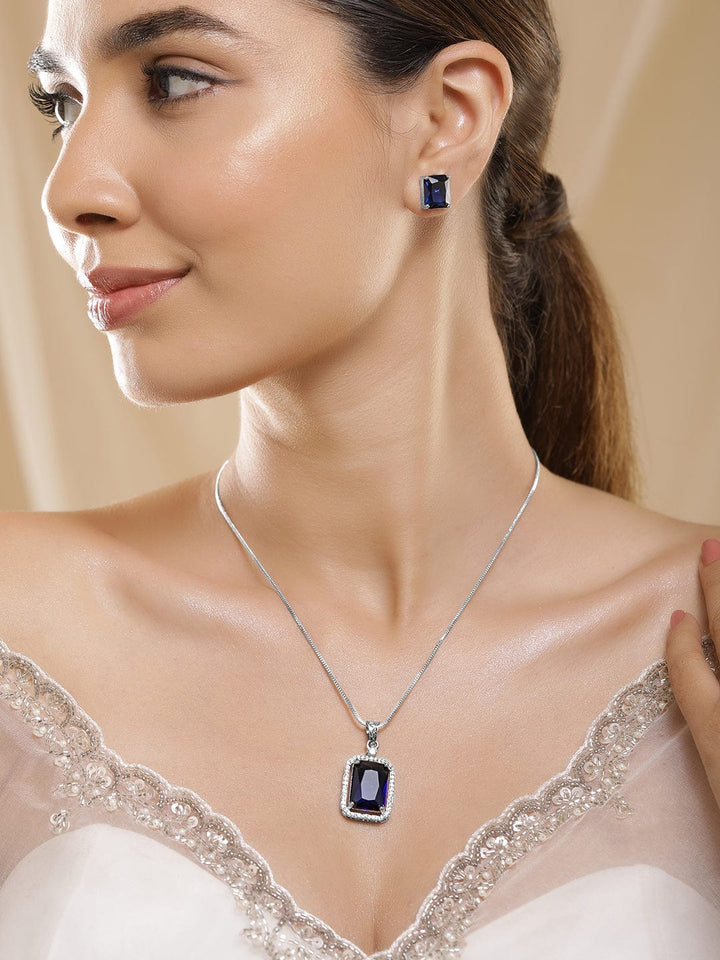 Luxurious Rhodium-Plated Blue Sapphire & CZ Studded Pendant Necklace Set Necklaces, Necklace Sets, Chains & Mangalsutra