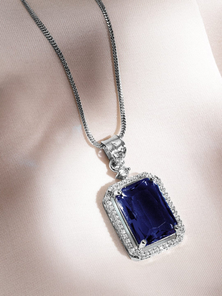 Luxurious Rhodium-Plated Blue Sapphire & CZ Studded Pendant Necklace Set Necklaces, Necklace Sets, Chains & Mangalsutra