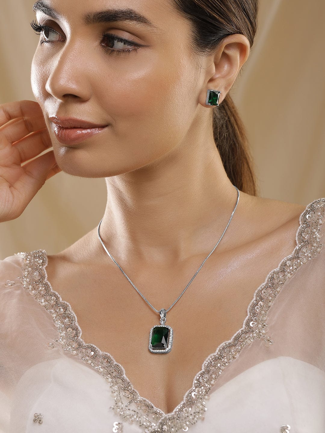 Luxurious Rhodium-Plated Emerald & CZ Studded Pendant Necklace Set Necklaces, Necklace Sets, Chains & Mangalsutra