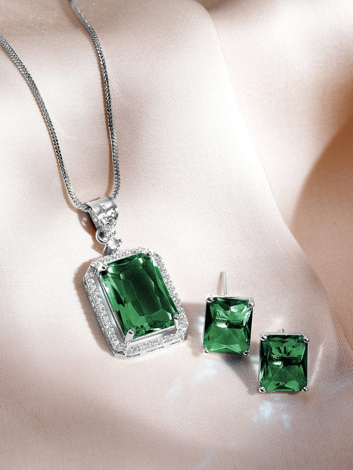 Luxurious Rhodium-Plated Emerald & CZ Studded Pendant Necklace Set Necklaces, Necklace Sets, Chains & Mangalsutra