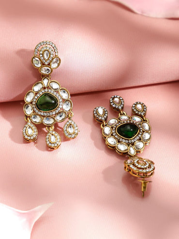 Majestic Green White Kundan Danglers Earrings