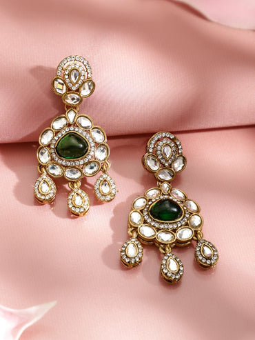 Majestic Green White Kundan Danglers Earrings
