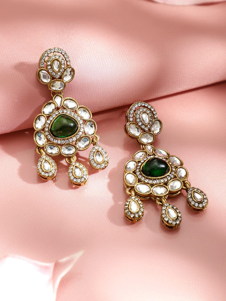 Majestic Green White Kundan Danglers Earrings