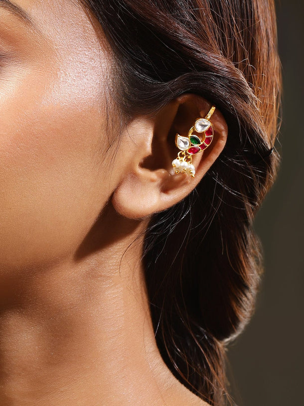 Majestic Pink White Kundan Ear Cuff Earrings