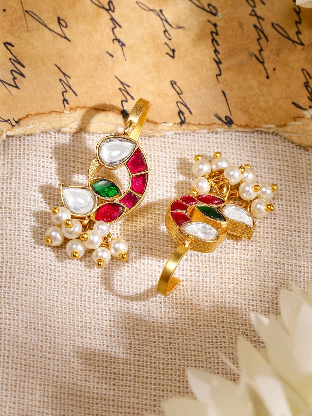 Majestic Pink White Kundan Ear Cuff Earrings