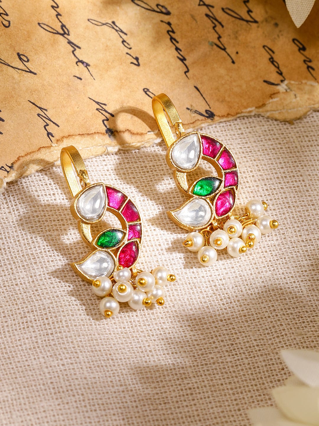 Majestic Pink White Kundan Ear Cuff Earrings