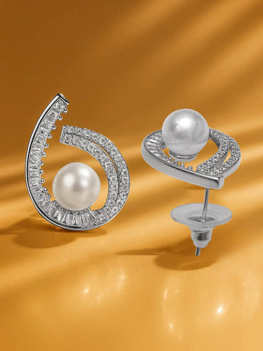 Moon-Kissed Silver Swirls Pearl Studs Earrings