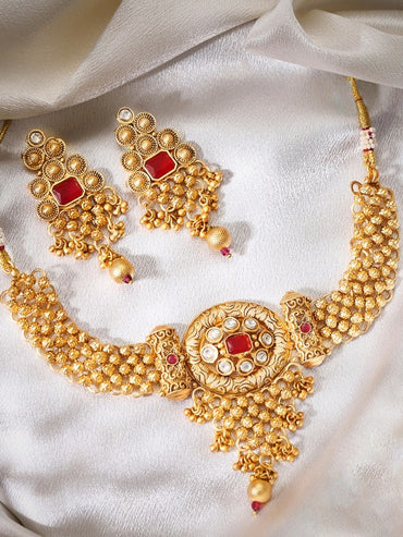 Rubans 22K Gold Plated Ruby Red & White Kundan Studded Choker Jewellery Set with Golden Beads
