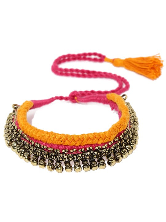 Rubans Oxidised Silver-Toned Orange Kerala Choker Necklace