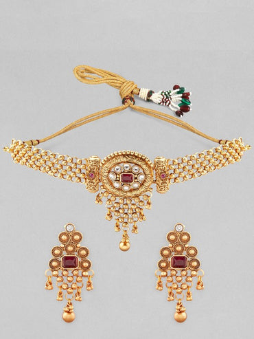 Rubans 22K Gold Plated Ruby Red & White Kundan Studded Choker Jewellery Set with Golden Beads
