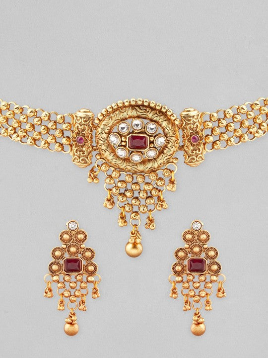 Rubans 22K Gold Plated Ruby Red & White Kundan Studded Choker Jewellery Set with Golden Beads