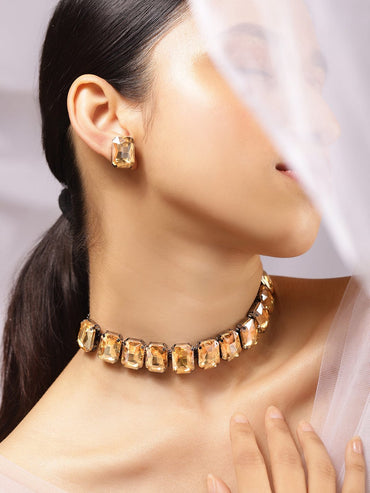 Orange Crystal Studded Necklace Set Jewellery Set