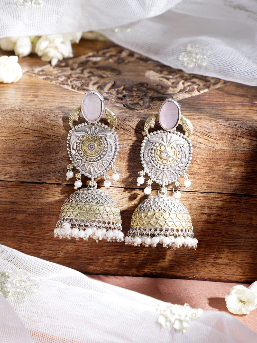 Oxidised Dual-Tone Pink Pearl Jhumka Earrings Earrings