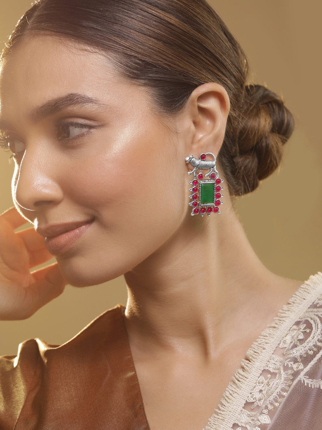 Oxidised Silver Plated Emerald & Zirconia Studded Tiger Motif Statement Drop Earrings Earrings