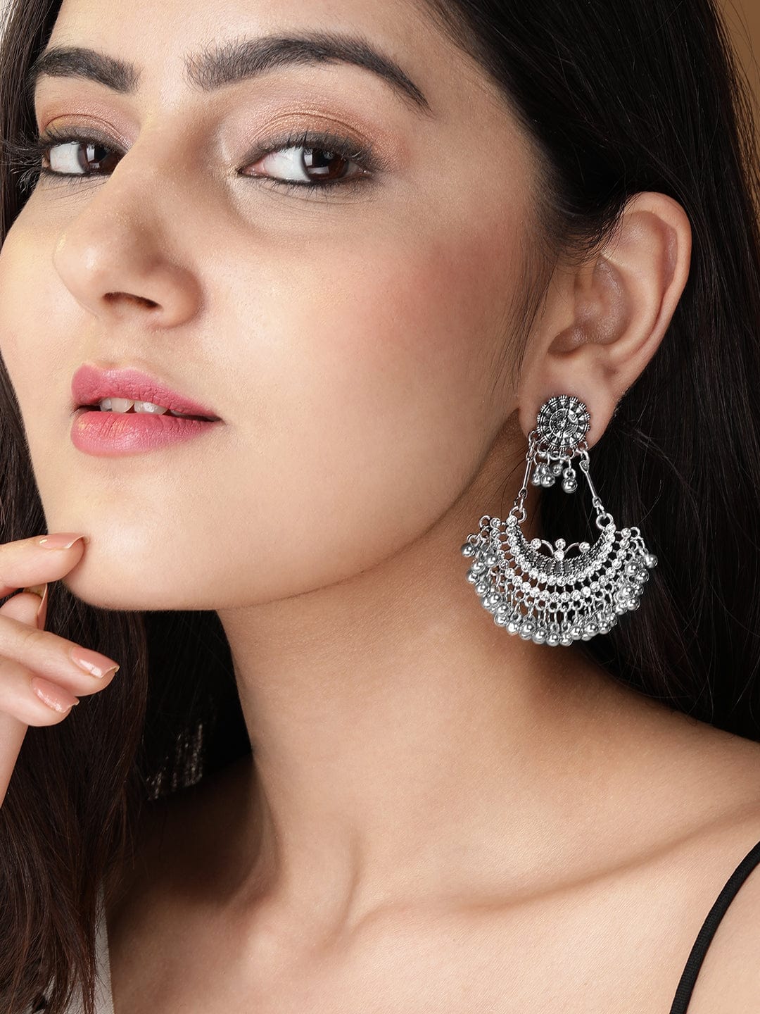 Oxidised Silver-Plated Handcrafted Crescent-Shaped Chandbalis Earrings with Silver Beads Chandbalis