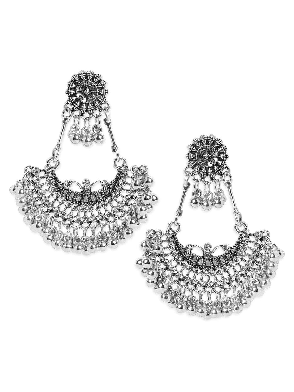 Oxidised Silver-Plated Handcrafted Crescent-Shaped Chandbalis Earrings with Silver Beads Chandbalis