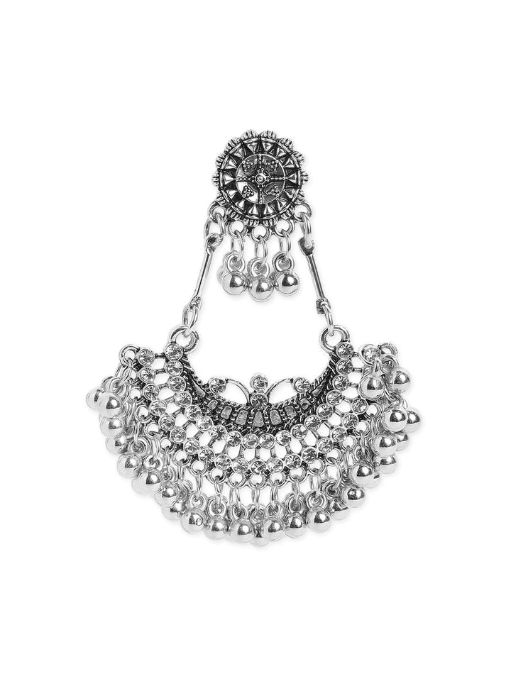 Oxidised Silver-Plated Handcrafted Crescent-Shaped Chandbalis Earrings with Silver Beads Chandbalis