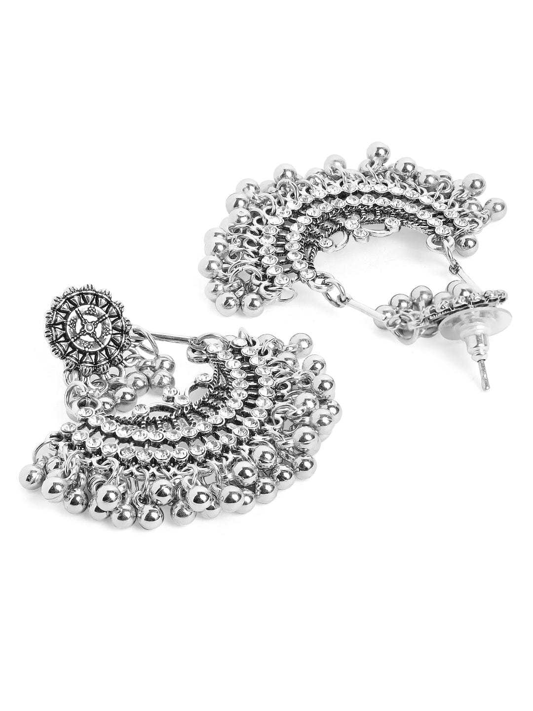 Oxidised Silver-Plated Handcrafted Crescent-Shaped Chandbalis Earrings with Silver Beads Chandbalis