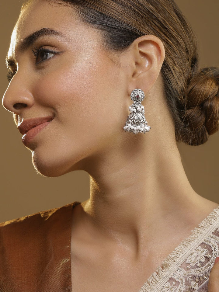 Oxidised Silver Plated Jhumka Earrings with Pearls and Ruby Studded Detailing Earrings