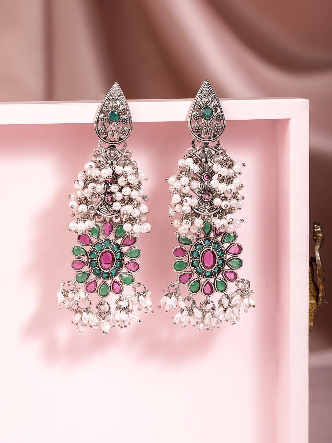 Oxidised Silver Plated Ruby & Emerald Studded Long Dangle Earrings with Pearls Earrings