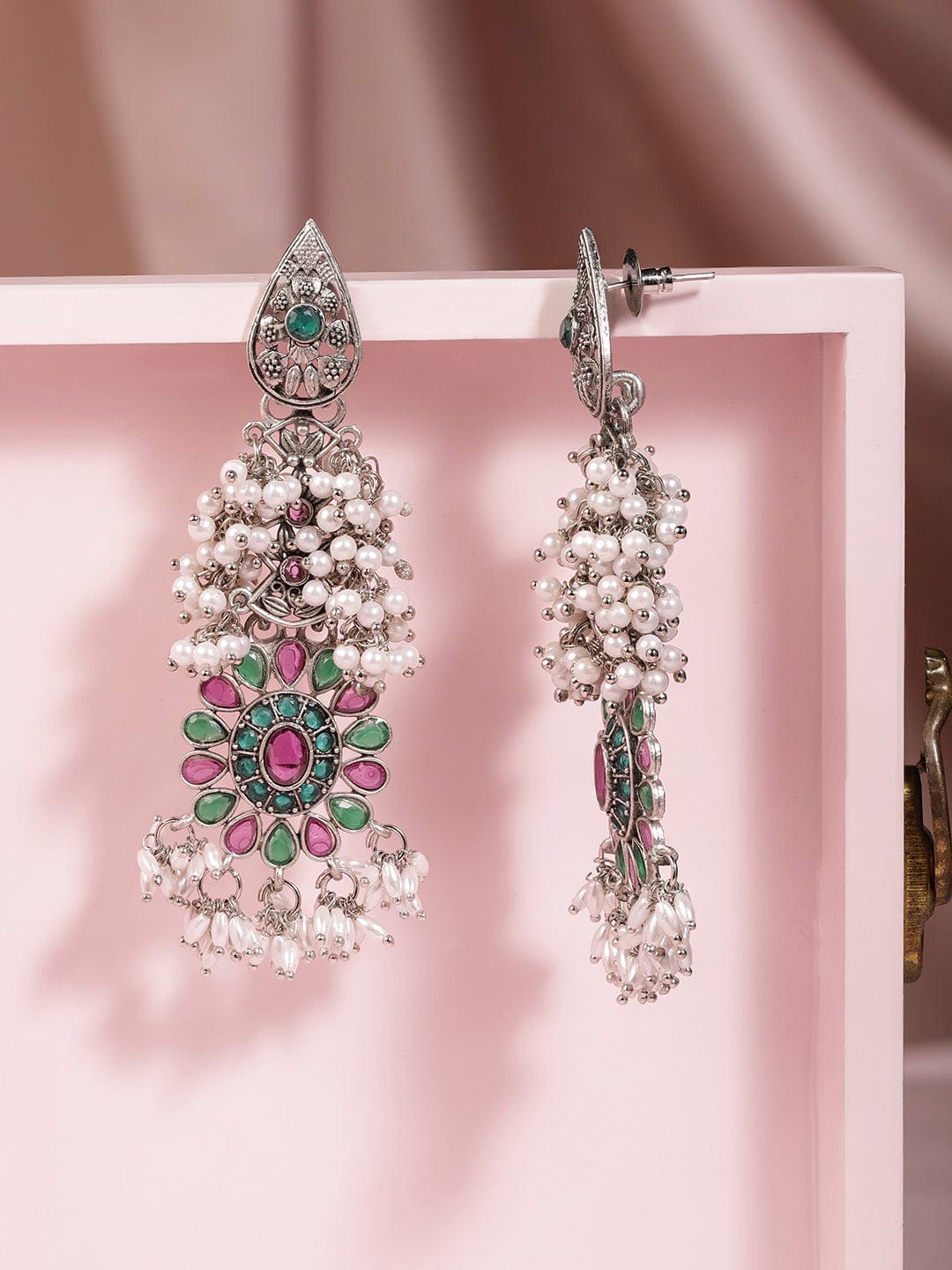 Oxidised Silver Plated Ruby & Emerald Studded Long Dangle Earrings with Pearls Earrings