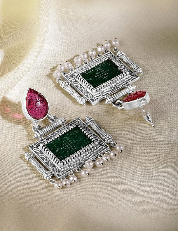Oxidised Silver Plated Ruby Pink & Green Stone Studded with Pearl Beads Statement Earrings Earrings