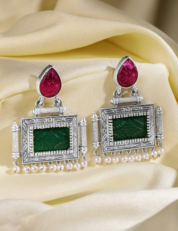 Oxidised Silver Plated Ruby Pink & Green Stone Studded with Pearl Beads Statement Earrings Earrings