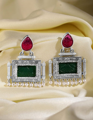 Oxidised Silver Plated Ruby Pink & Green Stone Studded with Pearl Beads Statement Earrings Earrings