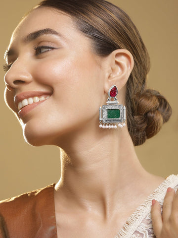 Oxidised Silver Plated Ruby Pink & Green Stone Studded with Pearl Beads Statement Earrings Earrings