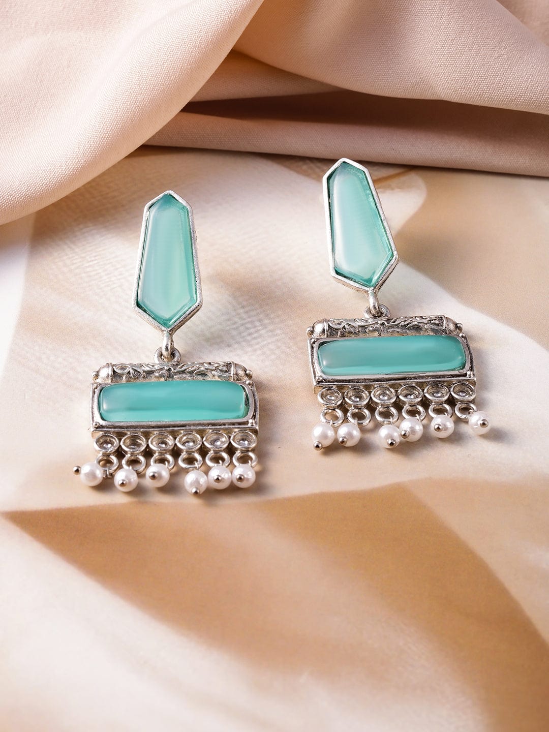 Oxidised Silver-Plated Turquoise Blue & White Pearl Beaded Earrings Stud Earrings