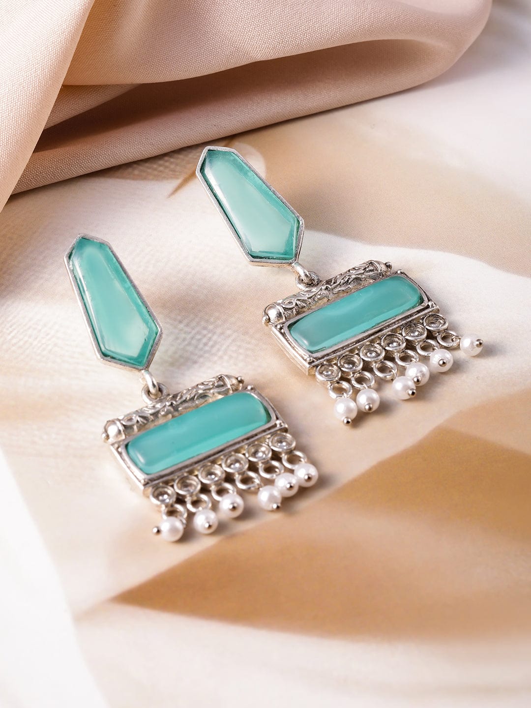 Oxidised Silver-Plated Turquoise Blue & White Pearl Beaded Earrings Stud Earrings