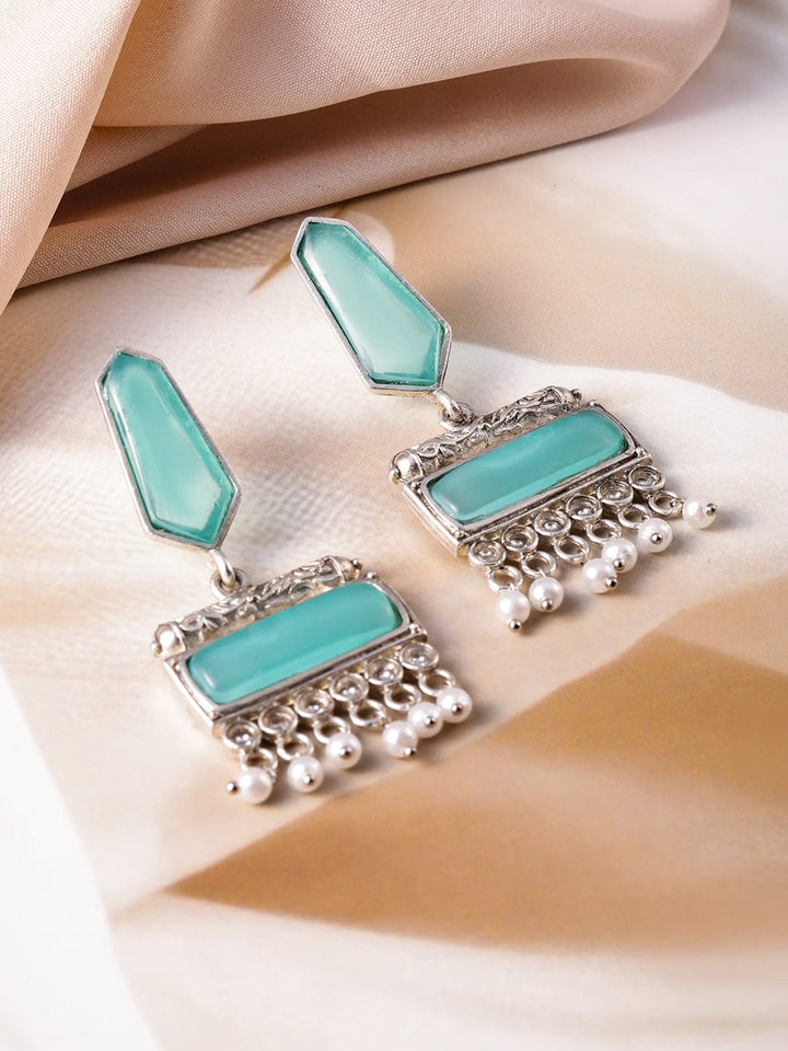 Oxidised Silver-Plated Turquoise Blue & White Pearl Beaded Earrings Stud Earrings