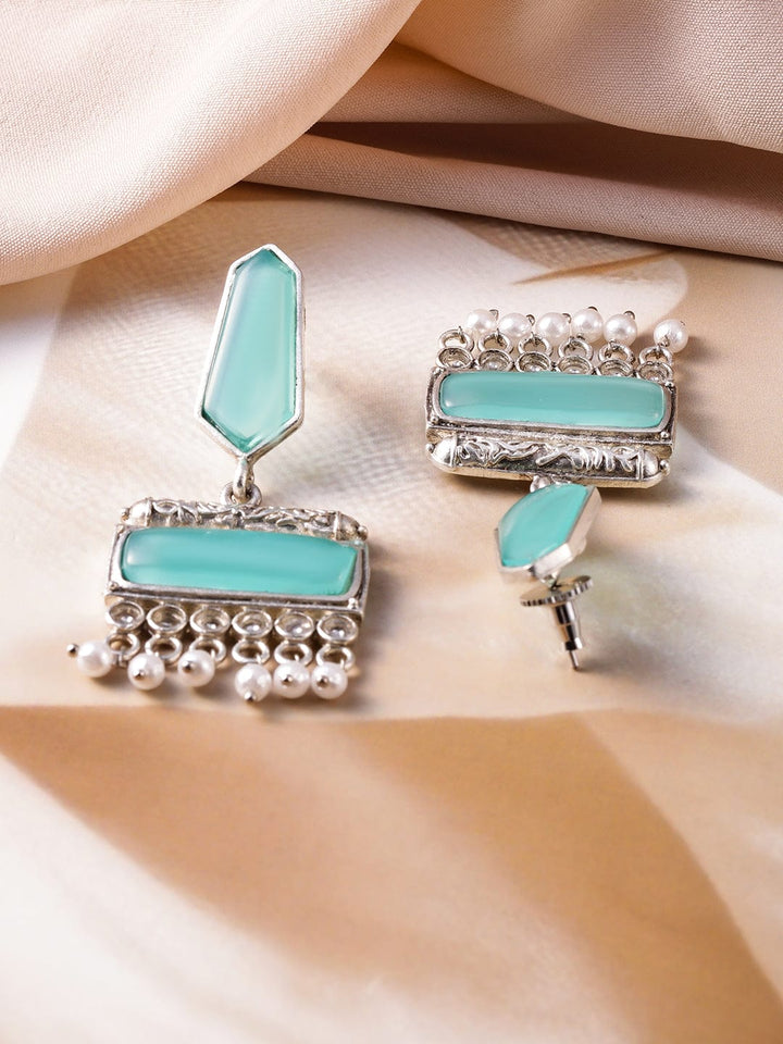 Oxidised Silver-Plated Turquoise Blue & White Pearl Beaded Earrings Stud Earrings