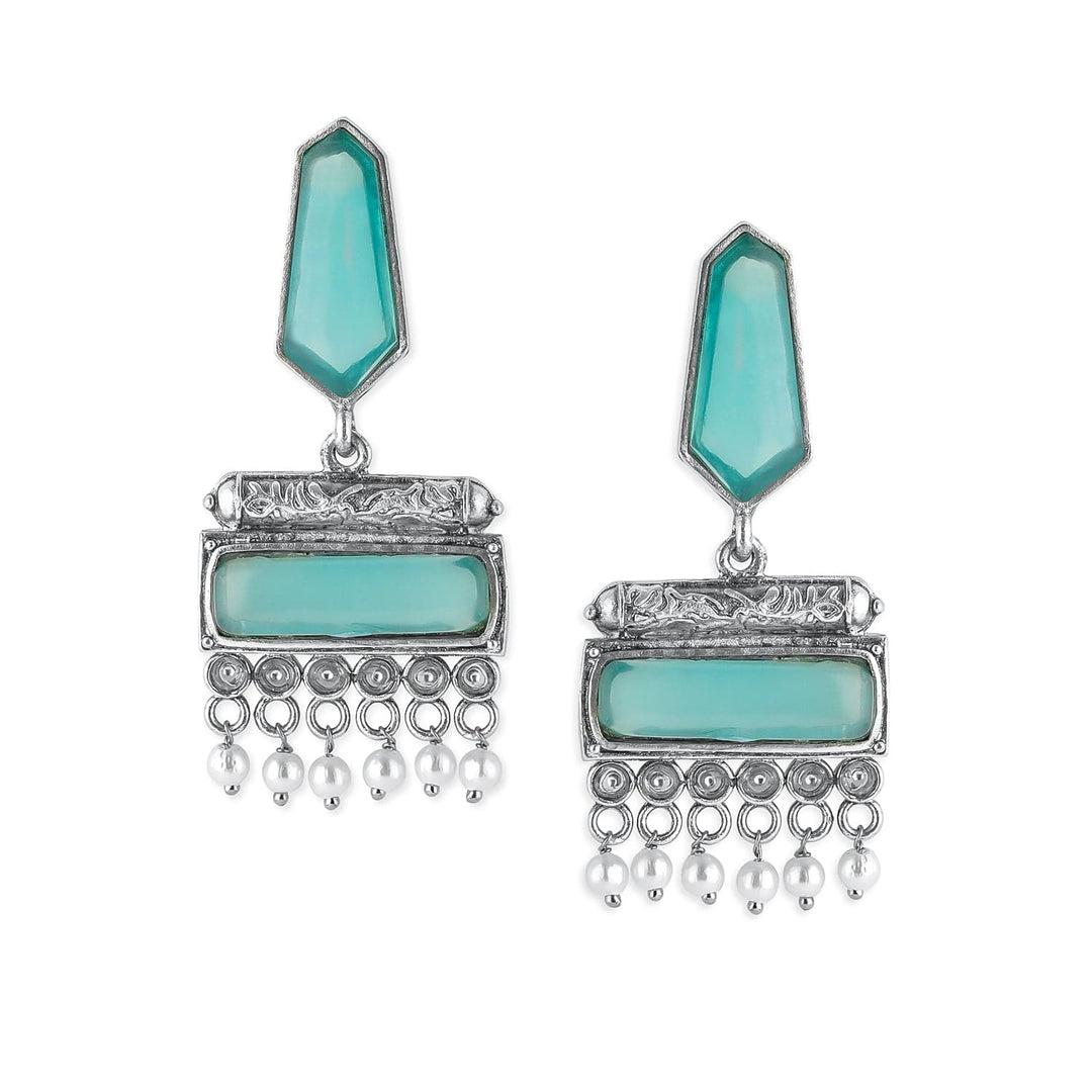 Oxidised Silver-Plated Turquoise Blue & White Pearl Beaded Earrings Stud Earrings