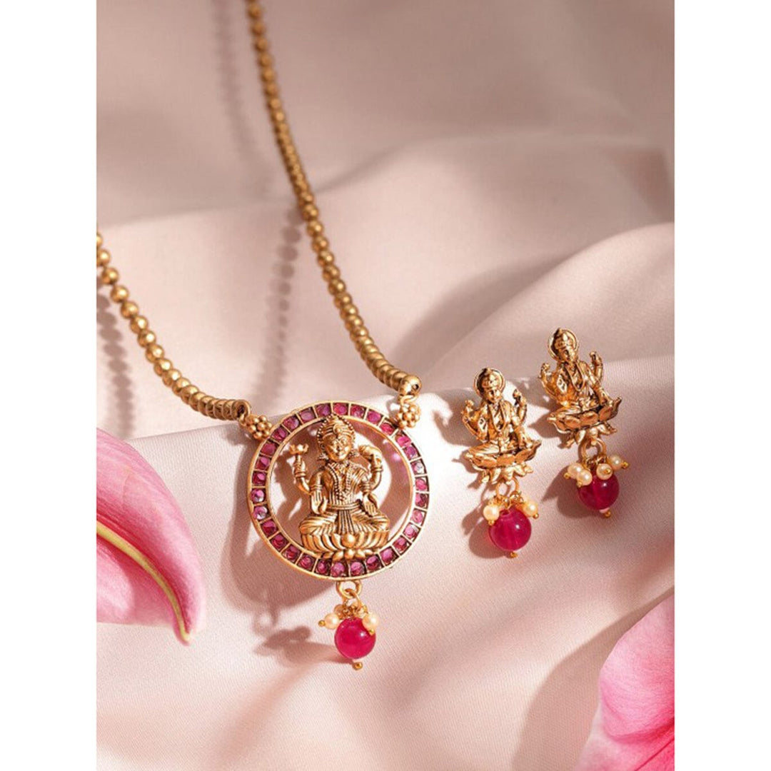 Oxidized Gold plated kemp studded goddess motif temple Pendant Necklace Set Jewellery Set