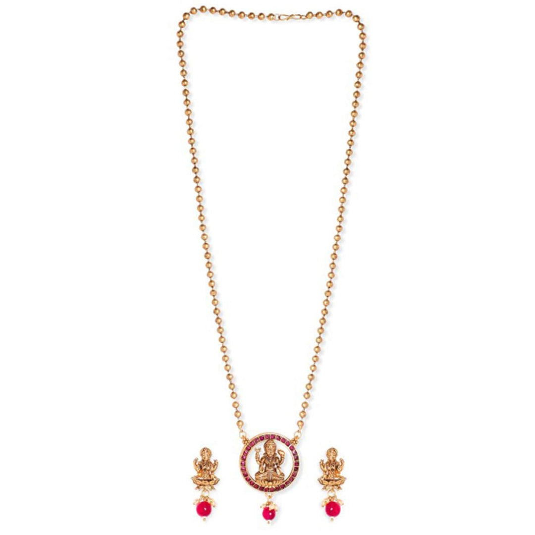 Oxidized Gold plated kemp studded goddess motif temple Pendant Necklace Set Jewellery Set