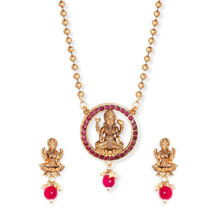 Oxidized Gold plated kemp studded goddess motif temple Pendant Necklace Set Jewellery Set